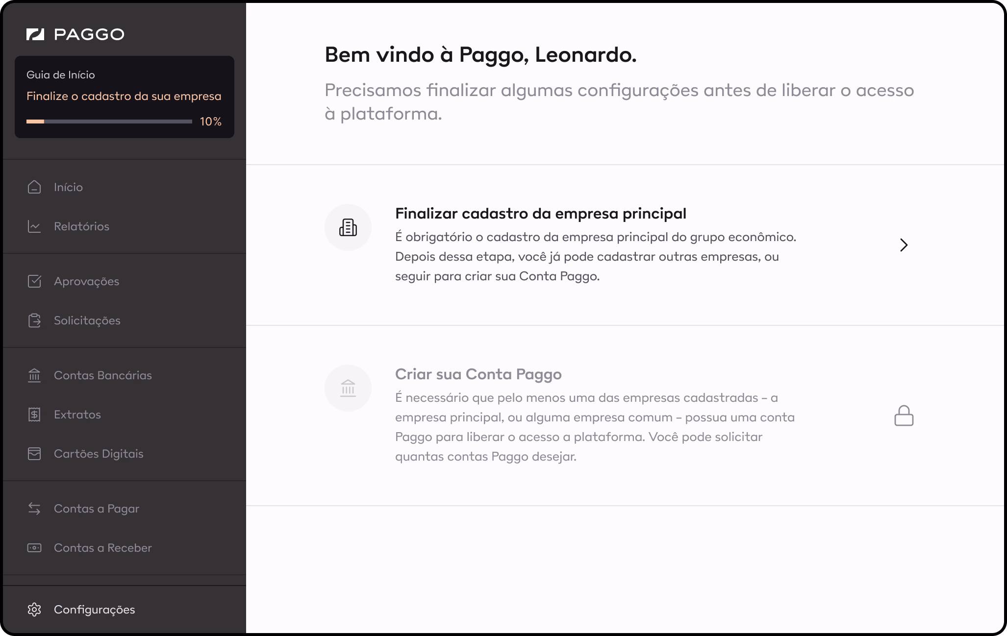 Tela de boas-vindas Paggo