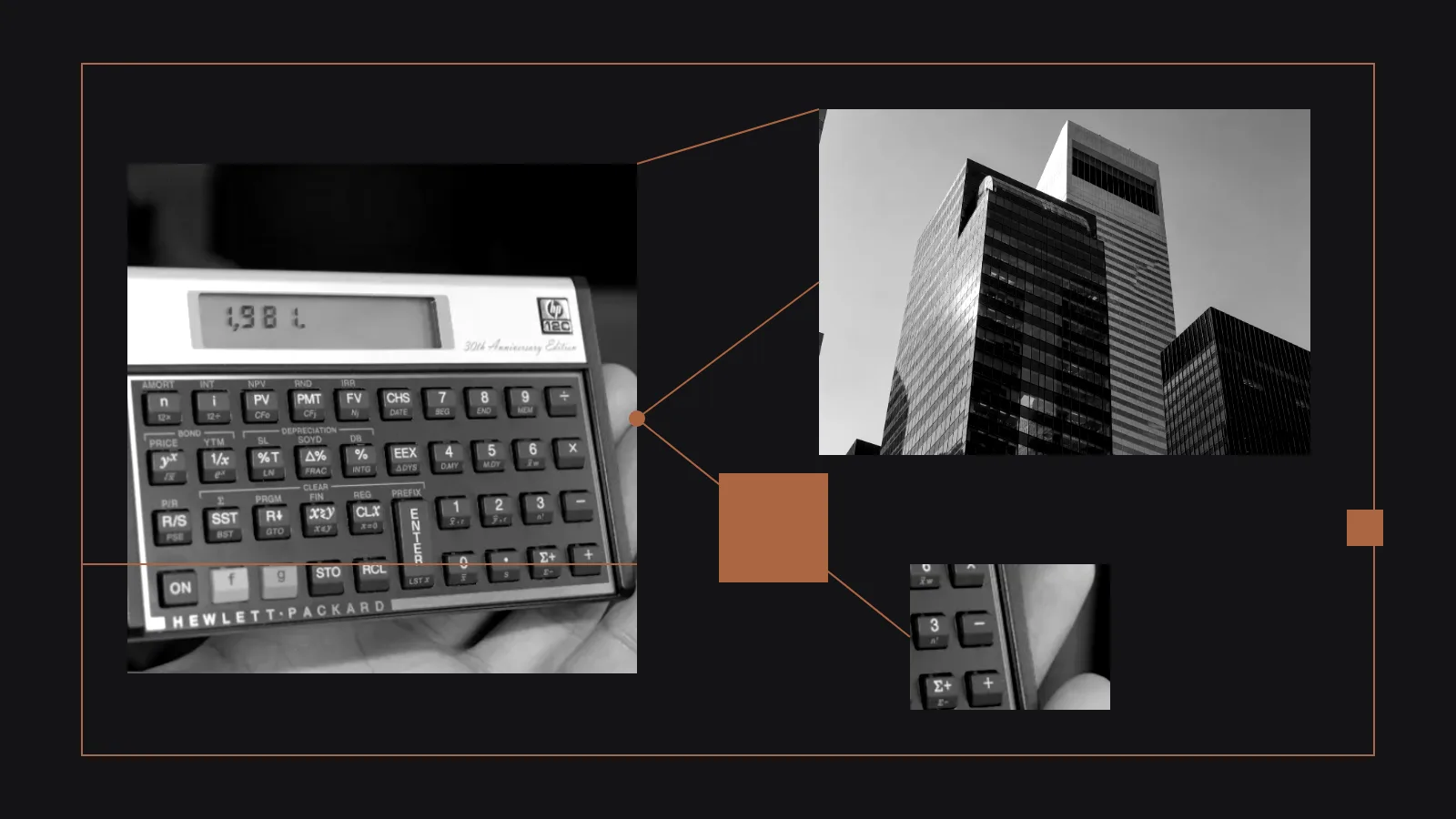 Colagem com calculadora e edifícios, em referência ao planejamento e ao controle de uma obra
