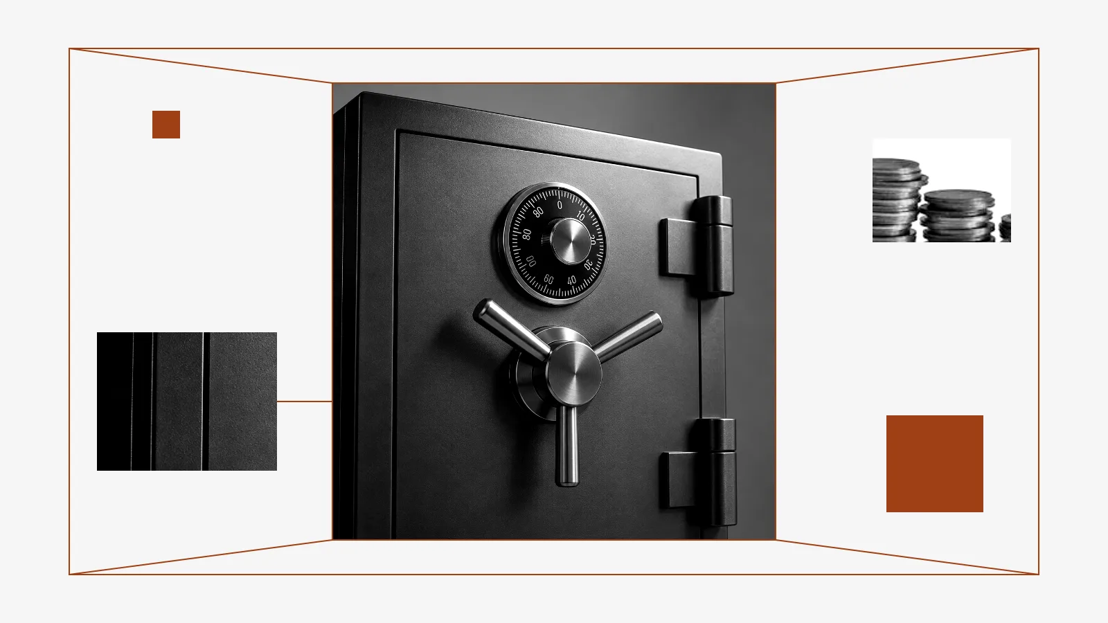 Colagem com a porta de um cofre em preto e branco sobre fundo claro e pequenos detalhes em cobre.