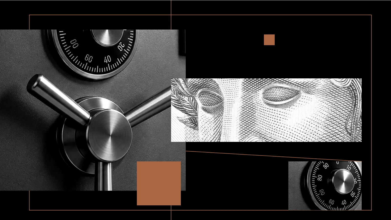 Colagem editorial da Paggo: um cofre ao lado da Efígie da República em destaque sobre painel claro, com fotos em preto e branco, traços e blocos em cobre sobre fundo escuro.