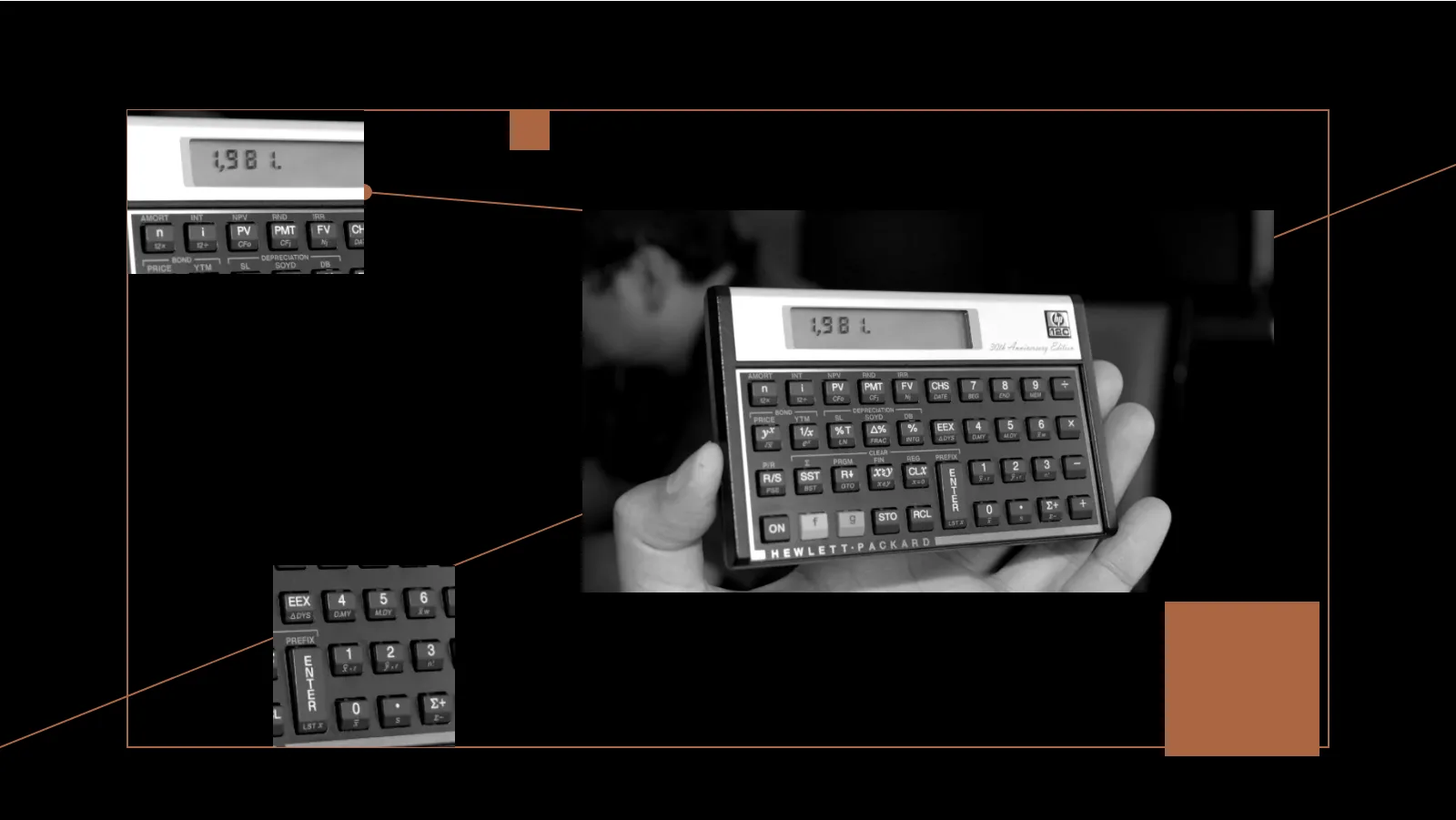Colagem editorial da Paggo: uma calculadora financeira HP 12C em destaque sobre painel claro, com fotos em preto e branco, traços e blocos em cobre sobre fundo escuro.