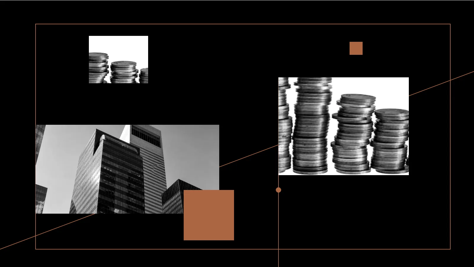 Colagem editorial da Paggo: pilhas de moedas e uma torre corporativa em preto e branco sobre fundo escuro, com blocos e traços em cobre.