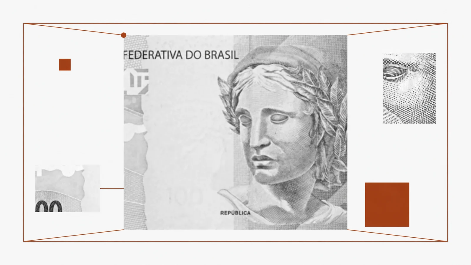 Colagem editorial da Paggo: a cédula de cem reais em macro em destaque sobre painel claro, com fotos em preto e branco, traços e blocos em cobre sobre fundo escuro.