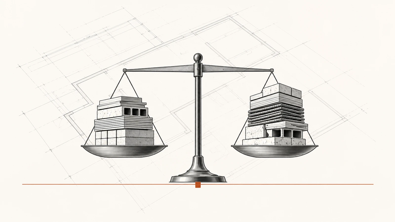 Colagem editorial da Paggo: uma balança comparando orçamento e execução de uma obra em destaque sobre painel claro, com fotos em preto e branco, traços e blocos em cobre sobre fundo escuro.