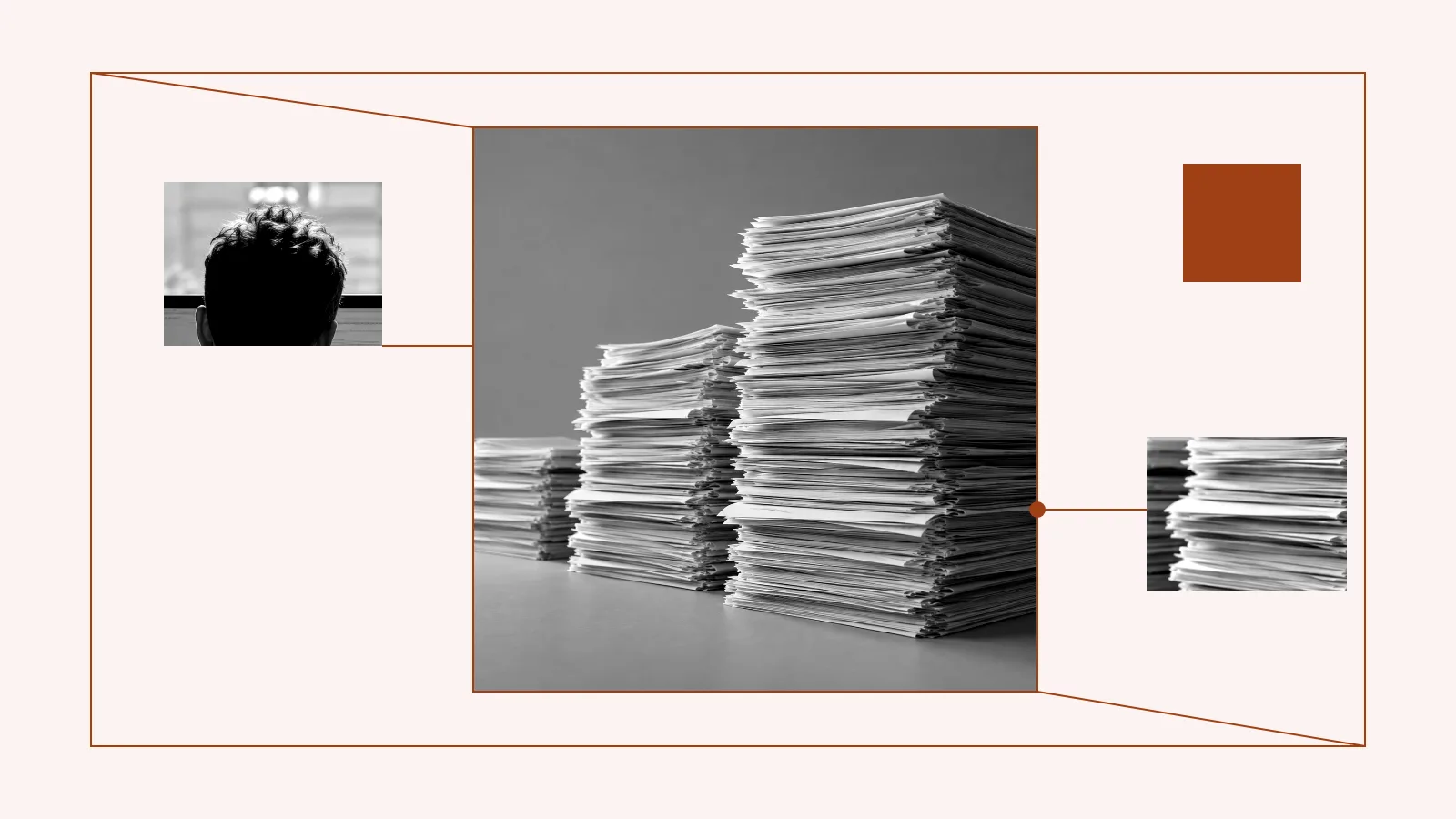 Colagem editorial da Paggo: papelada organizada sobre a mesa.