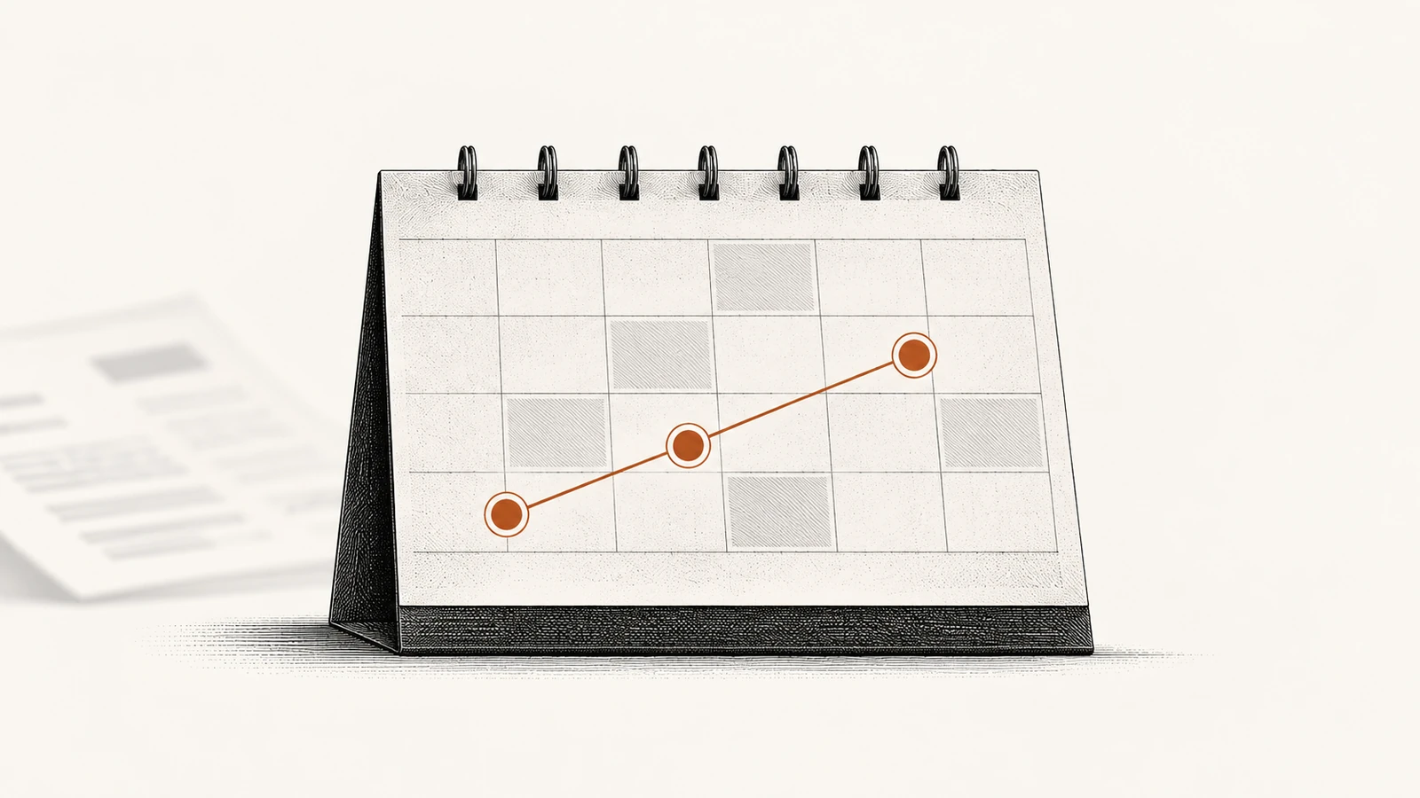 Colagem editorial da Paggo: um calendário de recebimentos diante de pilhas de documentos em destaque sobre painel claro, com fotos em preto e branco, traços e blocos em cobre sobre fundo escuro.