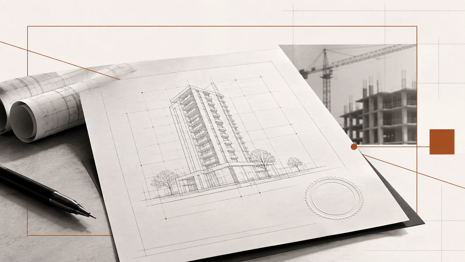 Colagem editorial da Paggo: um projeto arquitetônico com selo de responsabilidade técnica em destaque sobre painel claro, com fotos em preto e branco, traços e blocos em cobre sobre fundo escuro.