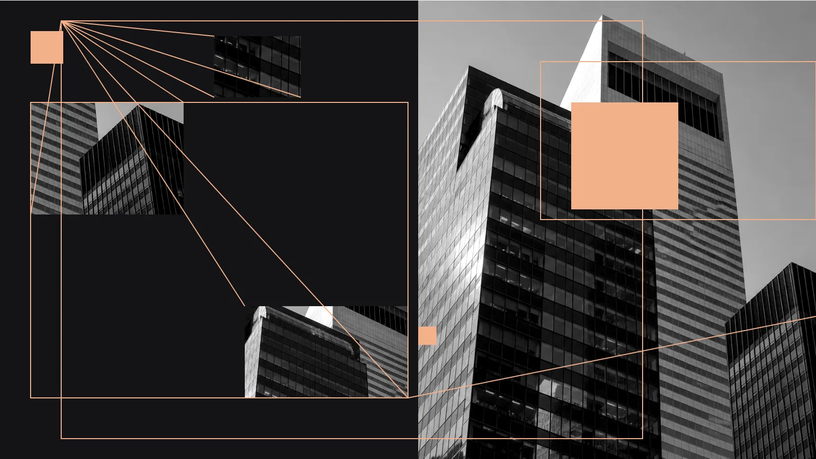 Colagem editorial Paggo com edifícios e detalhes em cobre, em referência à atividade de construção.