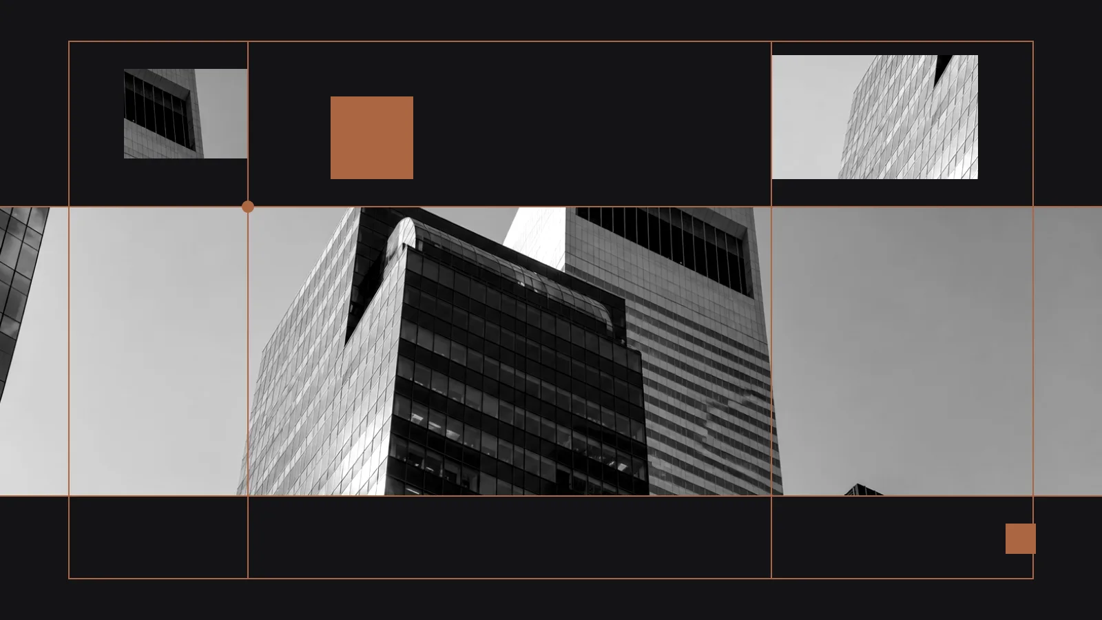 Torres de edifícios em composição arquitetônica em preto, branco e cobre
