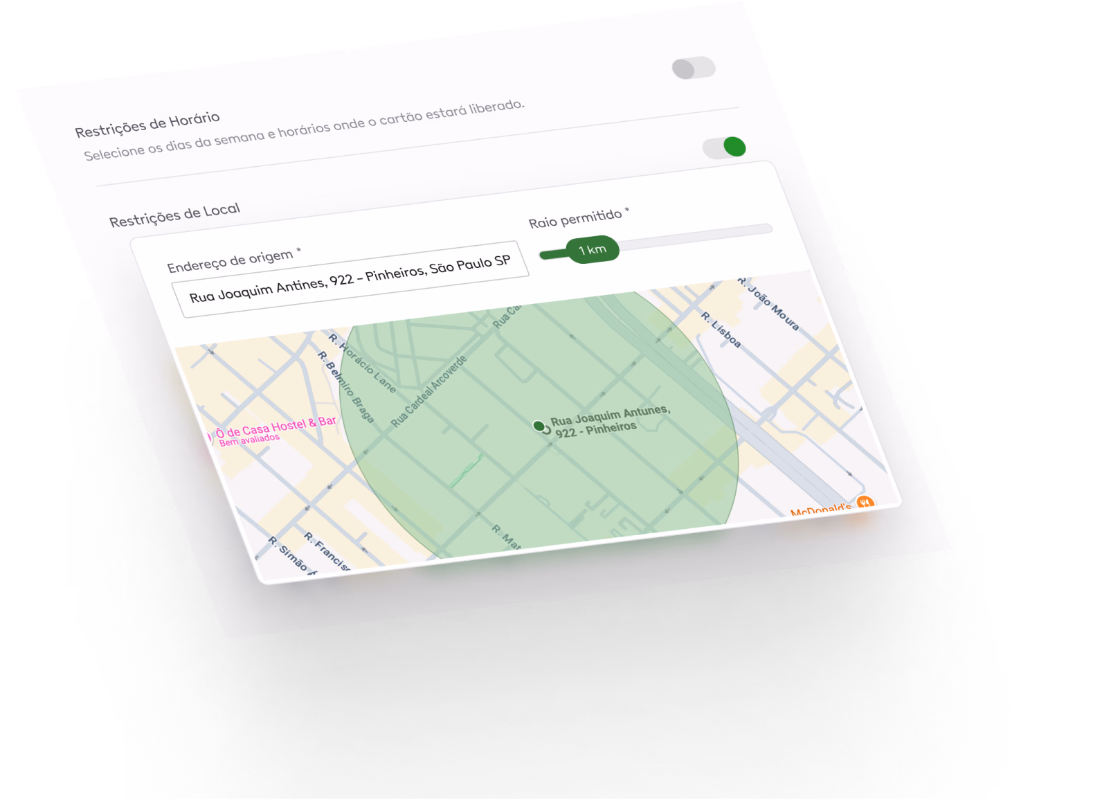 Restrições de horário e geolocalização da carteira digital, com raio permitido sobre o mapa