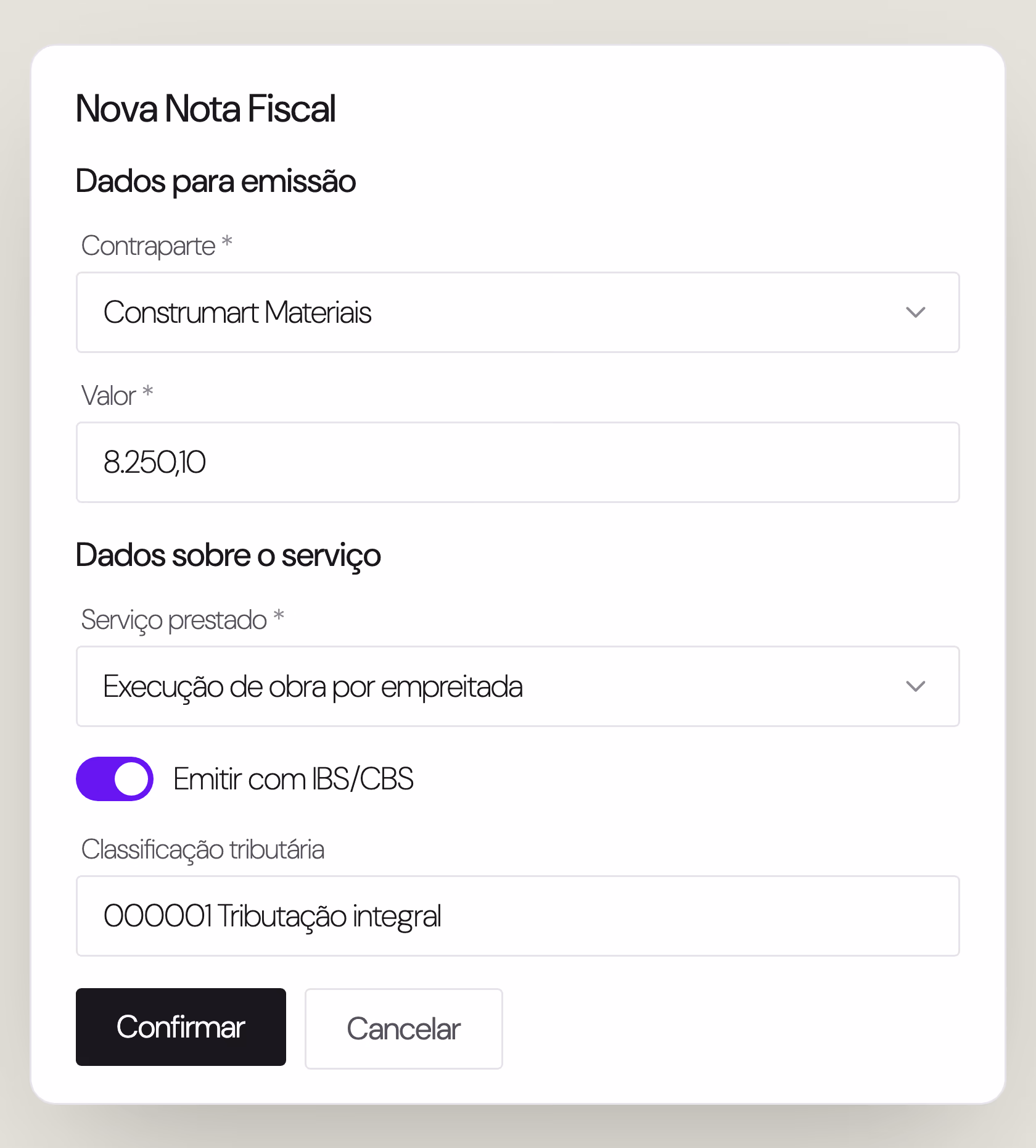 Tela de emissão de nota fiscal na Paggo: contraparte, valor, serviço prestado e o campo de emitir com IBS e CBS