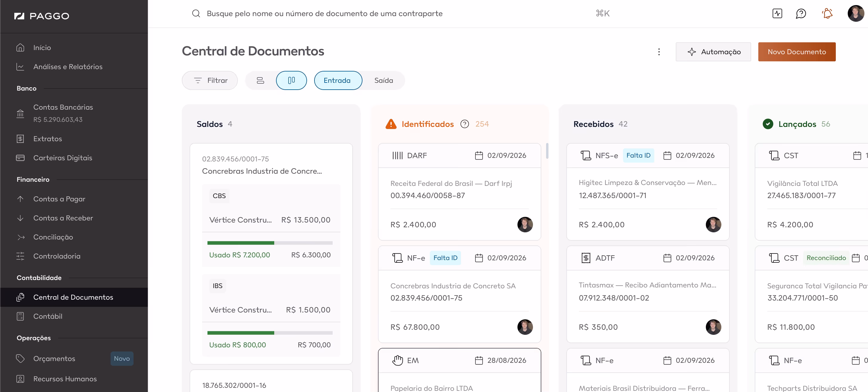 Central de Documentos da Paggo: saldos, documentos identificados, recebidos e lançados