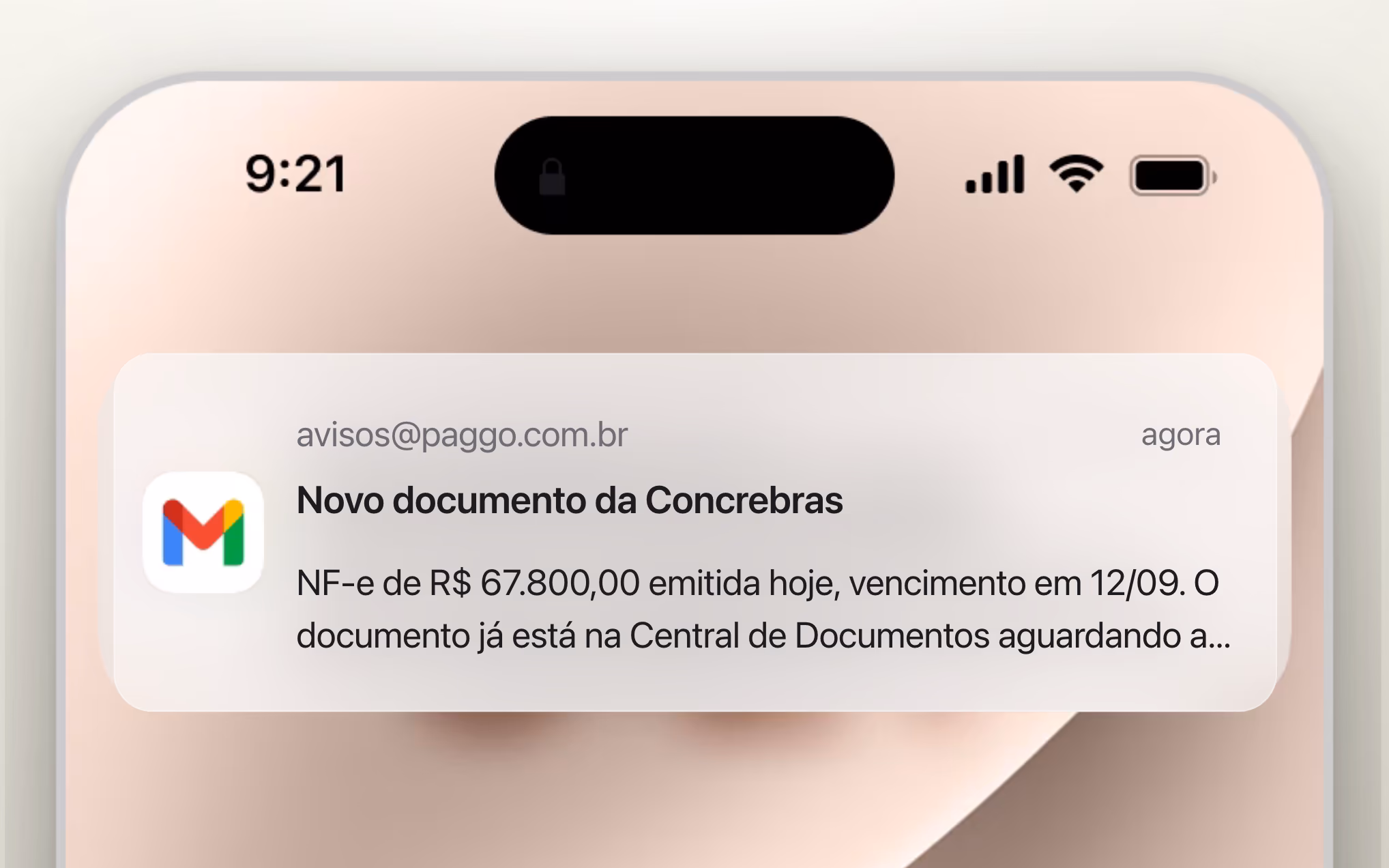 Notificação no celular avisando o responsável que a Concrebras emitiu uma NF-e de R$ 67.800,00
