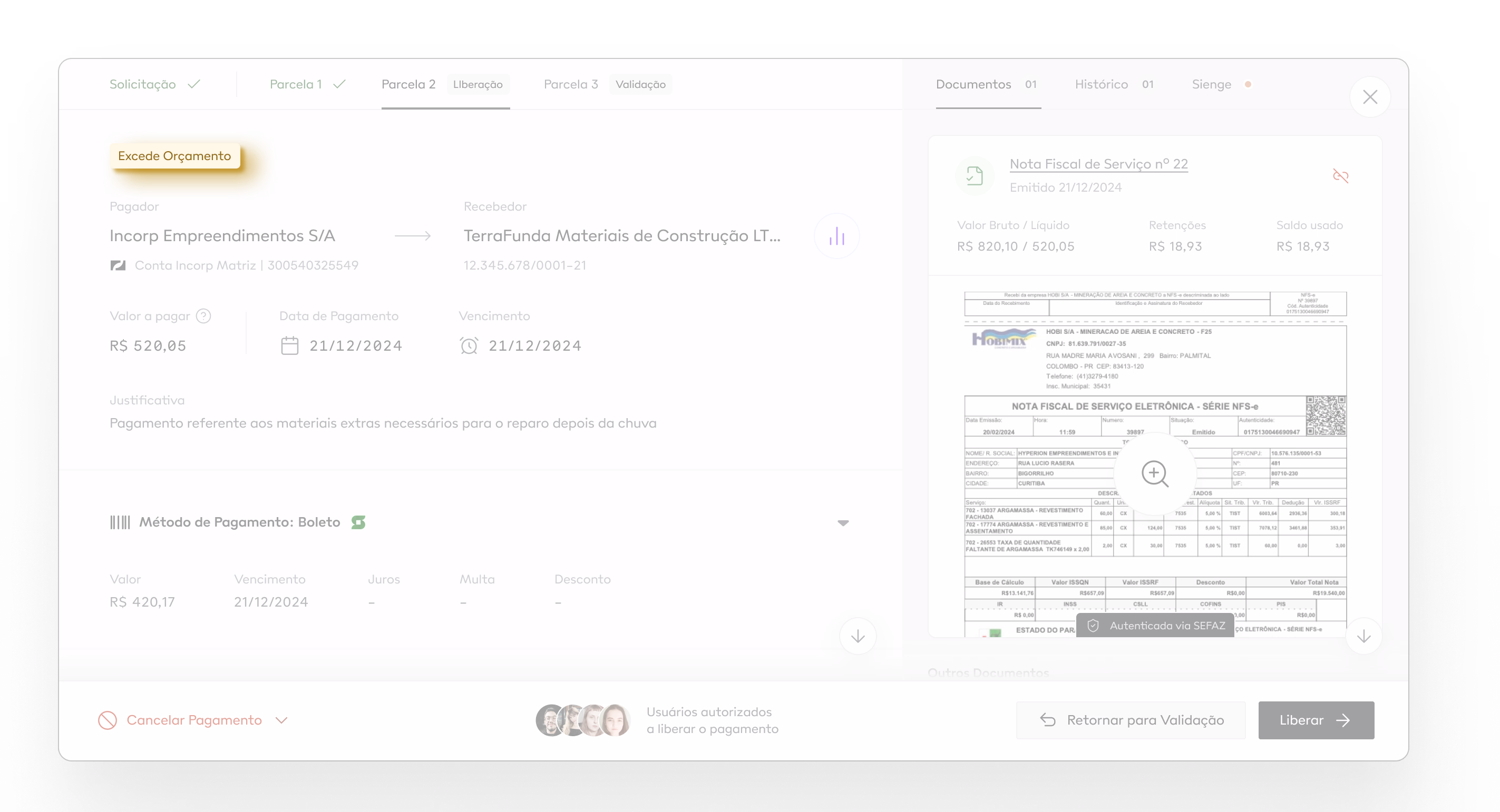 Pagamento sinalizado por exceder o limite do orçamento