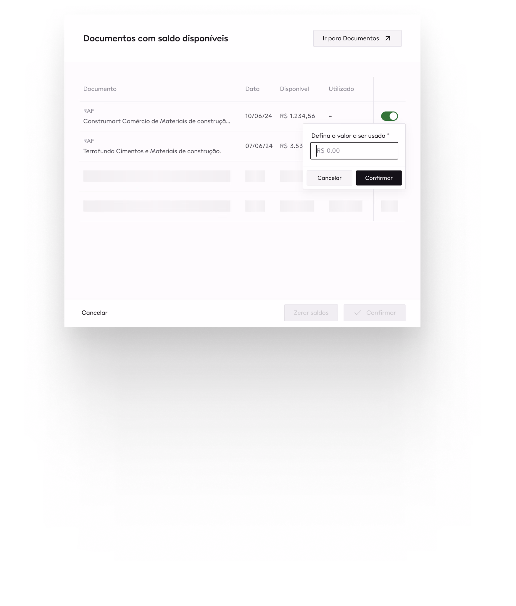 Tabela de saldo de notas fiscais com documentos disponíveis