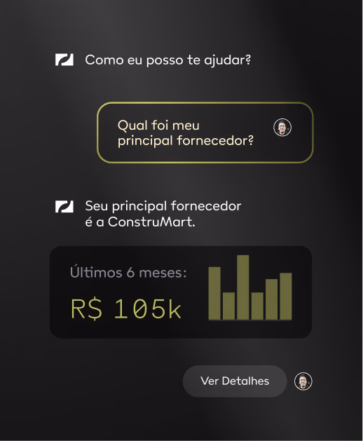 Assistente de IA da Paggo respondendo qual foi o principal fornecedor, com gráfico dos últimos 6 meses