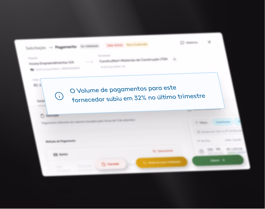 Insight da IA destacando que o volume de pagamentos para o fornecedor subiu 32% no último trimestre