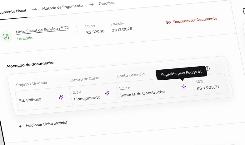 Configuração de regras e categorização sugerida pela Paggo IA